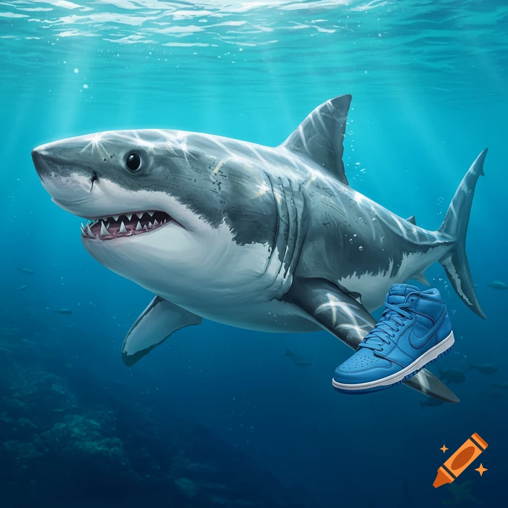 A shark swims underwater with a blue Nike high-top shoe.
