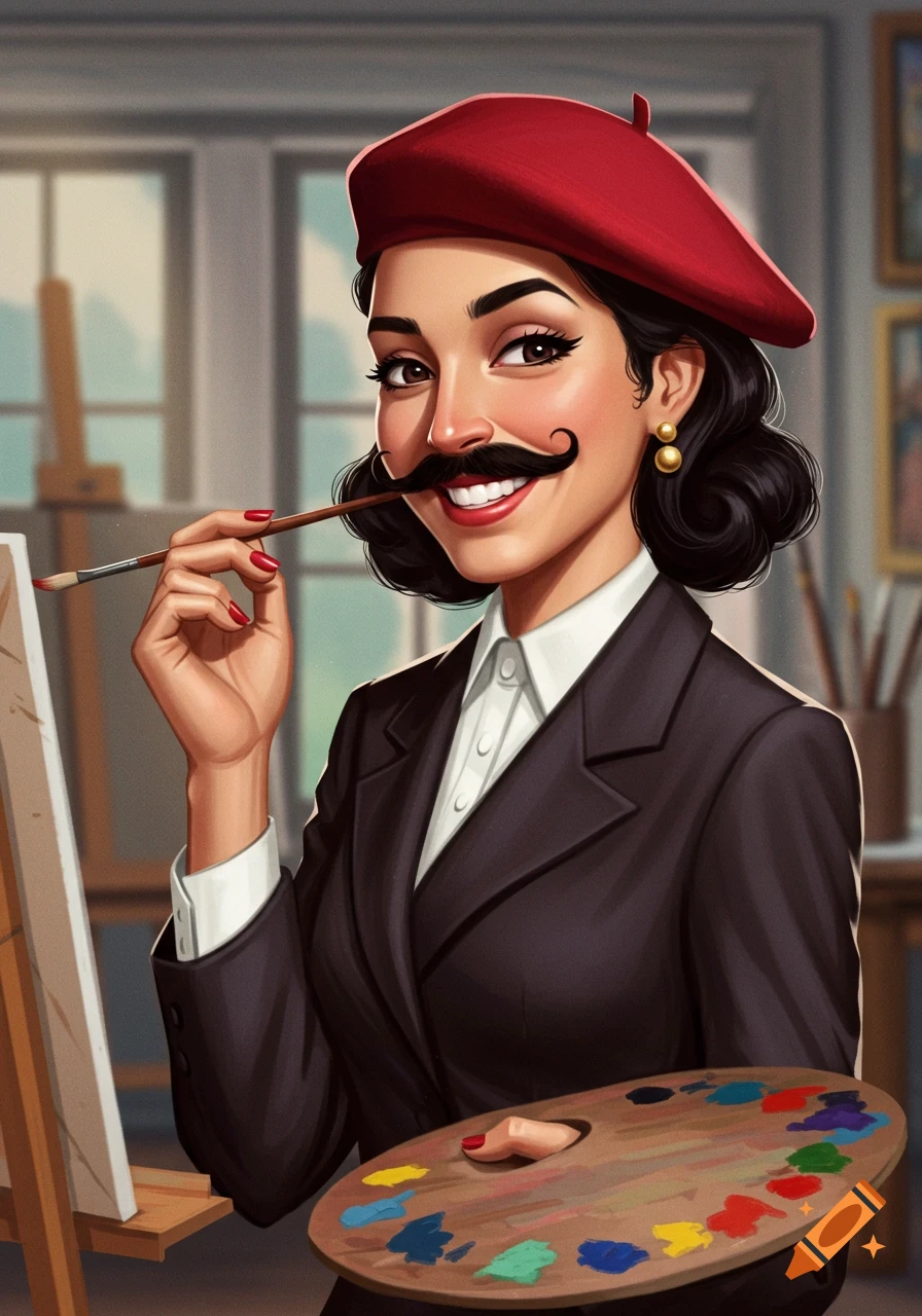 Stylized illustration of a woman artist with a fake handlebar mustache, red beret, holding a paint brush and palette.