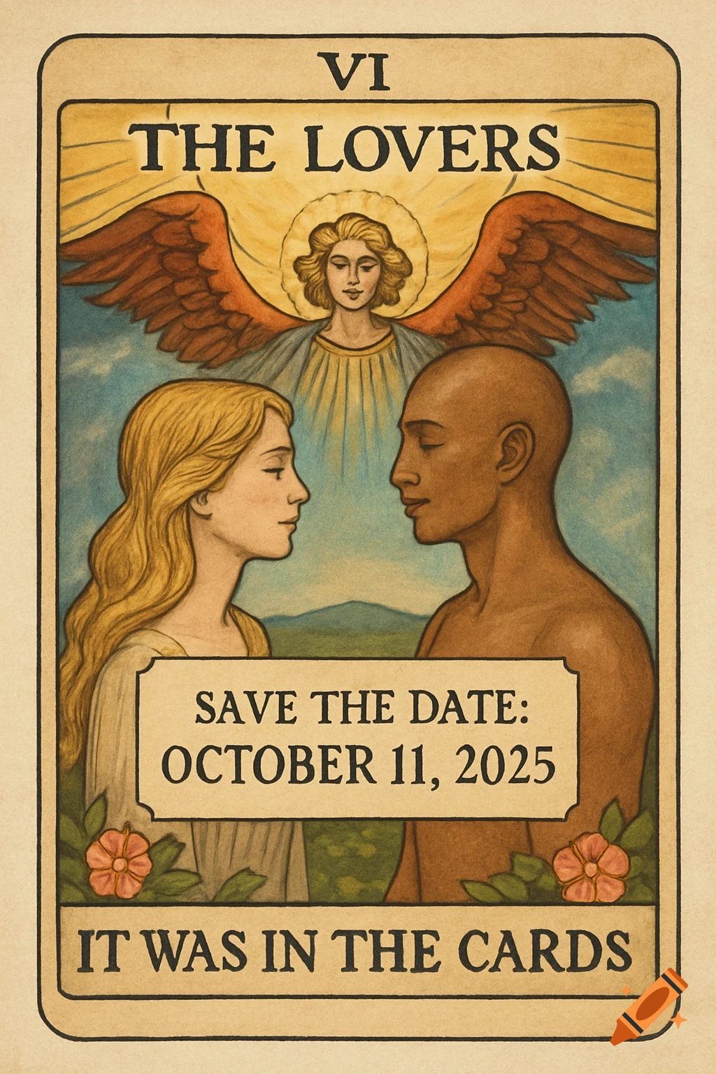 Tarot card illustration of The Lovers with Save the Date text.