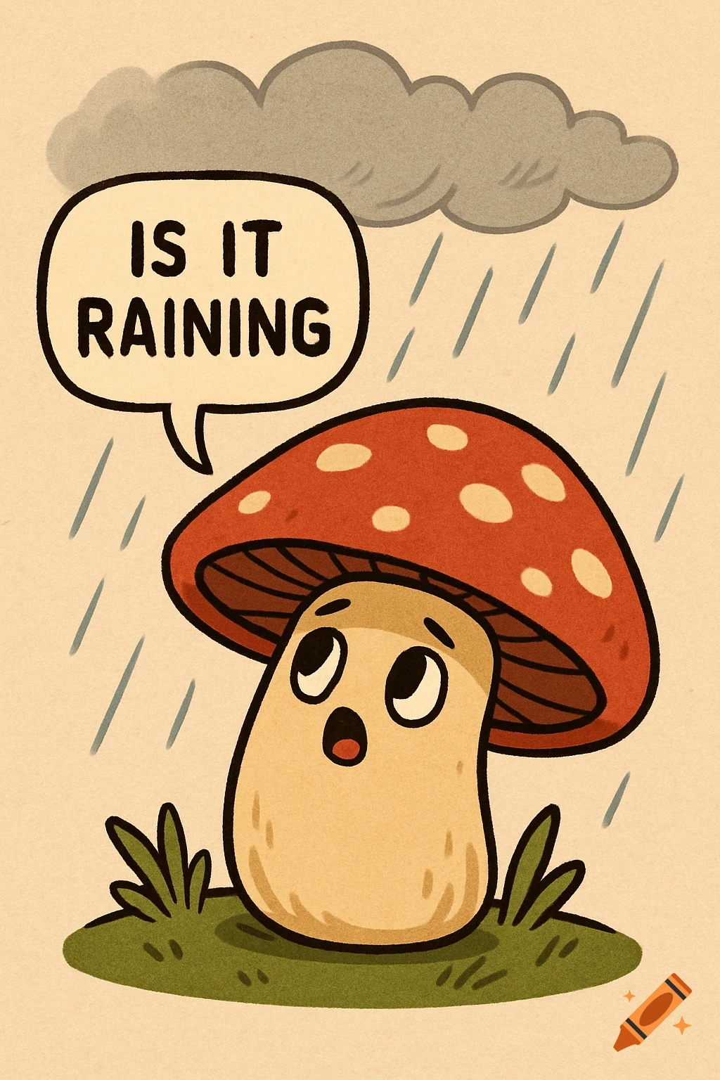 Cartoon mushroom asks if it is raining.