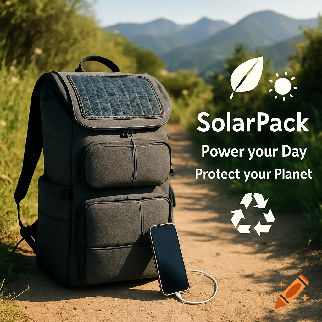 A dark grey solar backpack and smartphone charging on a hiking trail with mountains, text, and eco icons.