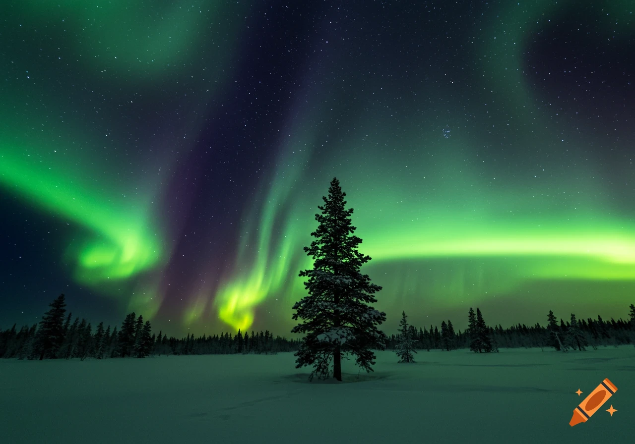 Green and purple northern lights over a snowy field with a central pine tree and distant forest.