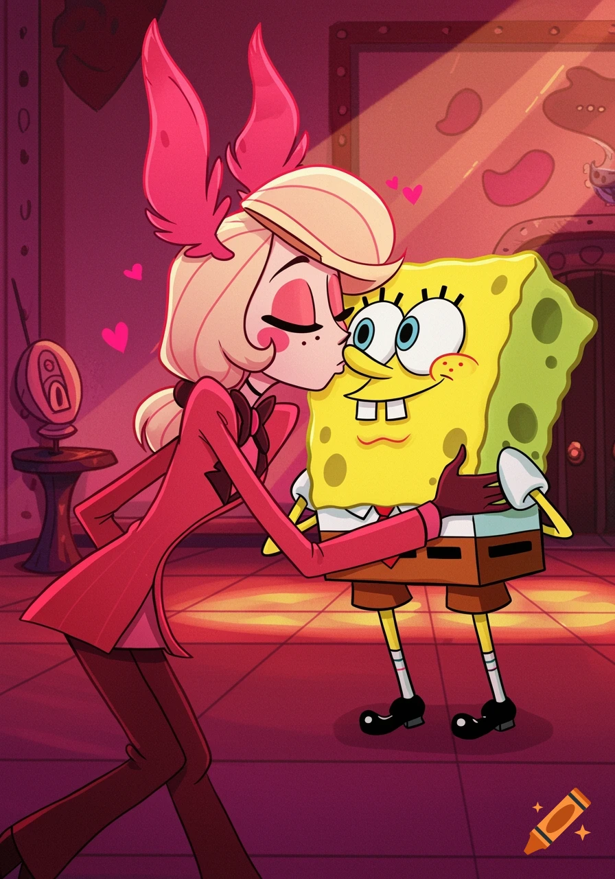 Charlie Morningstar kisses SpongeBob SquarePants on the cheek in a cartoon style.