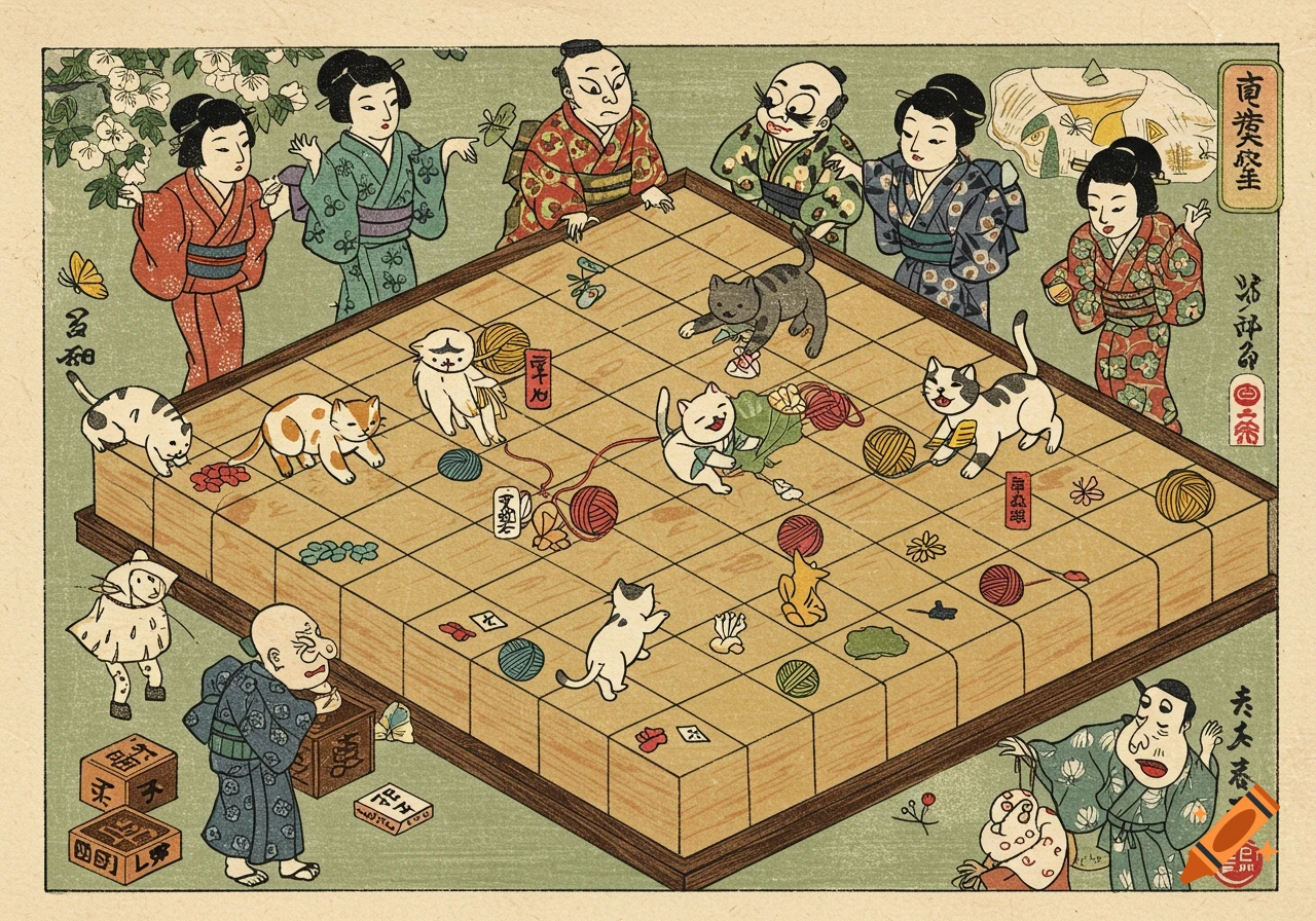 People and cats playing a board game in a Japanese woodblock print style.