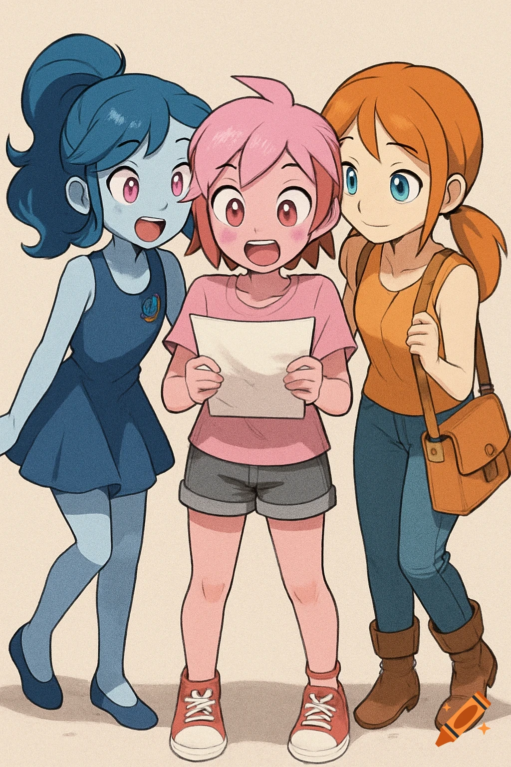 Three excited anime girls standing together, looking at a piece of paper.