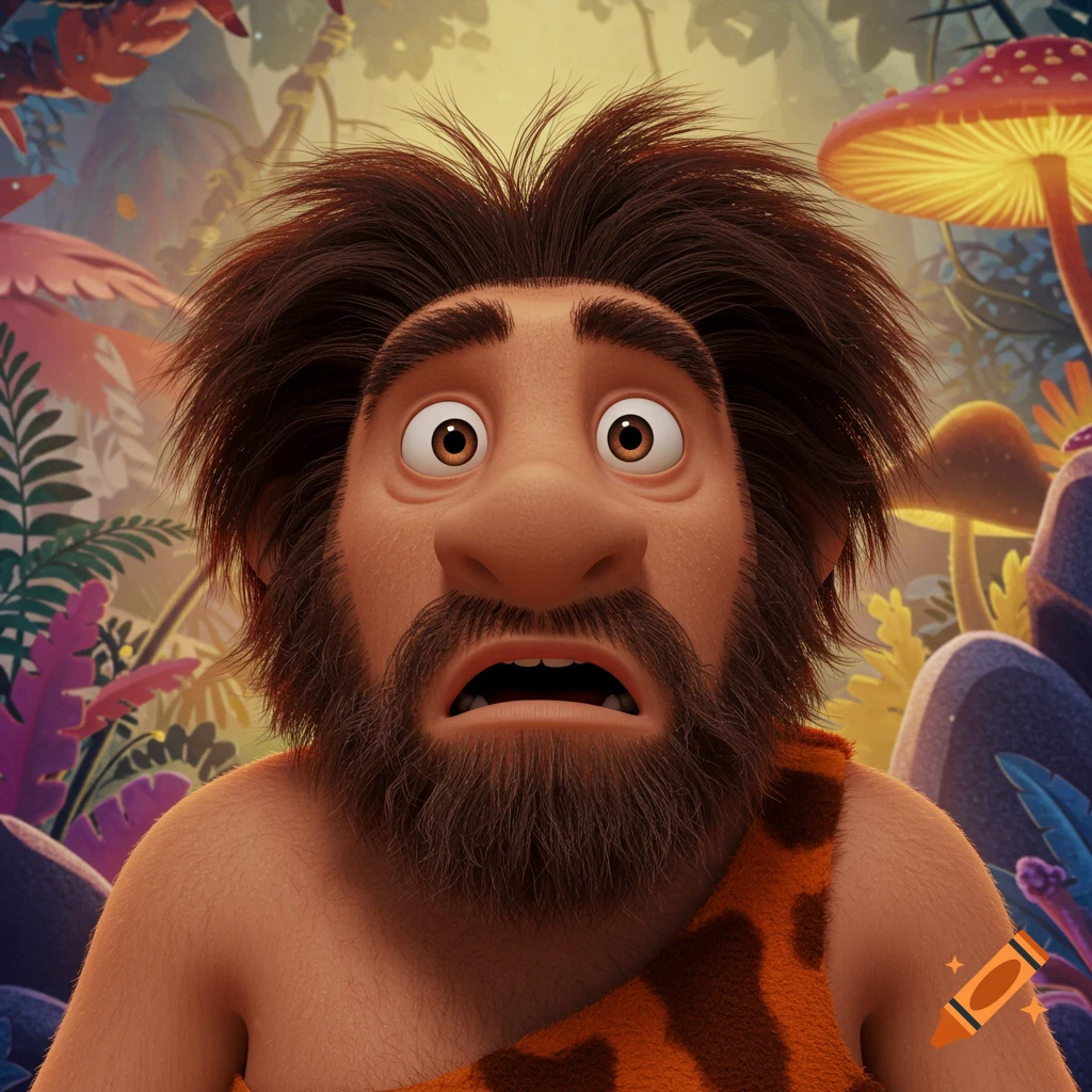Close-up of a shocked cartoon caveman in a vibrant prehistoric jungle.
