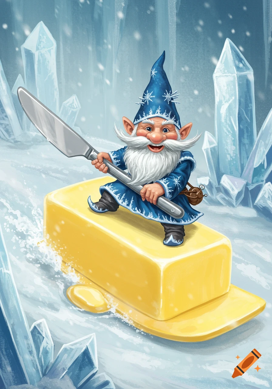 A cartoon fantasy illustration of a gnome surfing on a stick of butter with a butter knife through an icy landscape.