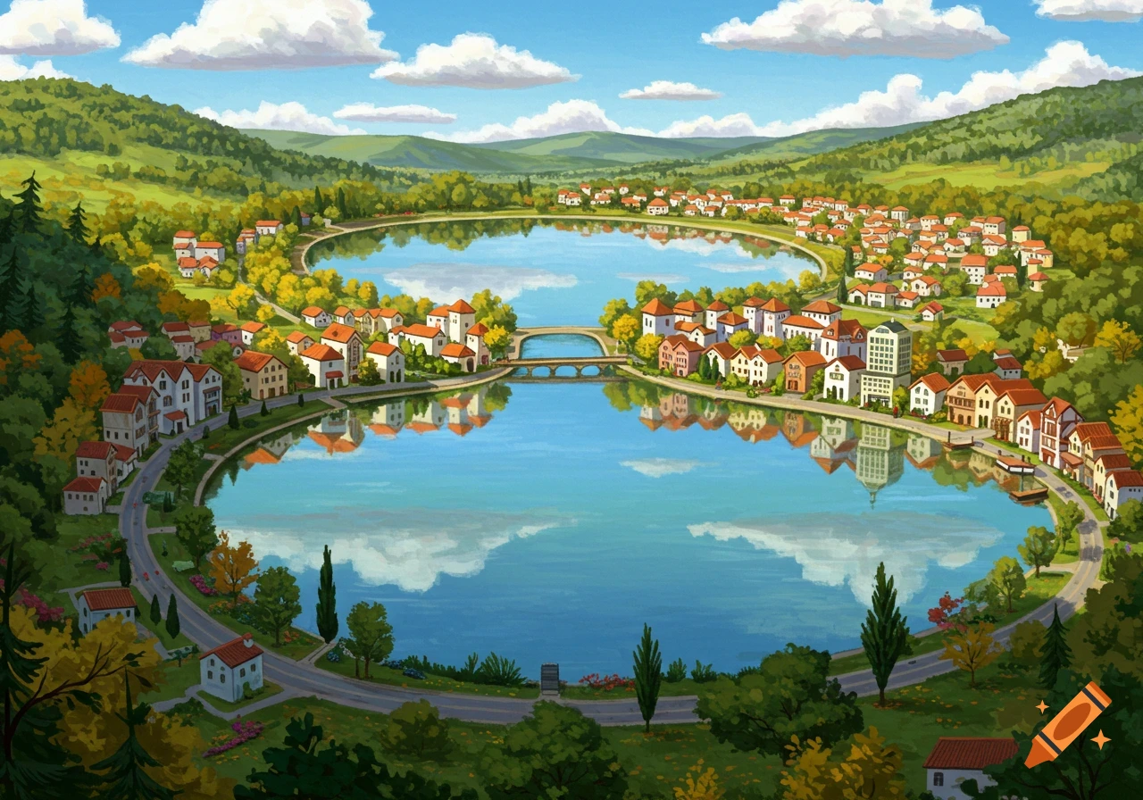 An illustration of a town built around two connected lakes, surrounded by green hills.
