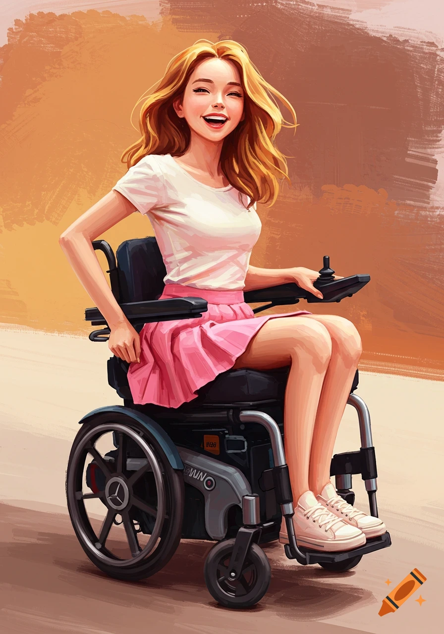 Smiling woman with blonde hair in a white shirt and pink skirt sitting in an electric wheelchair, illustration.