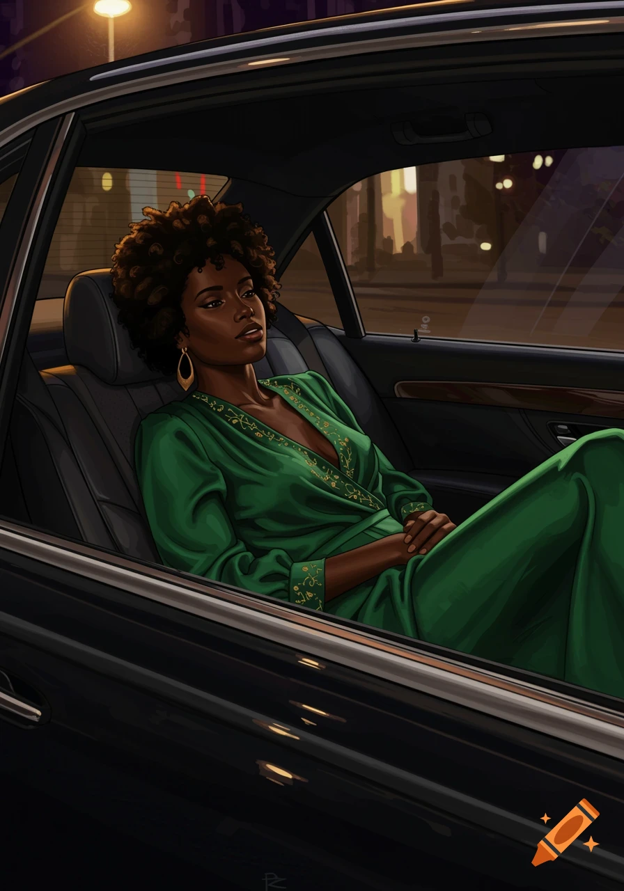 Illustration of a Black woman in a green outfit relaxing in a car at night, looking at city lights.
