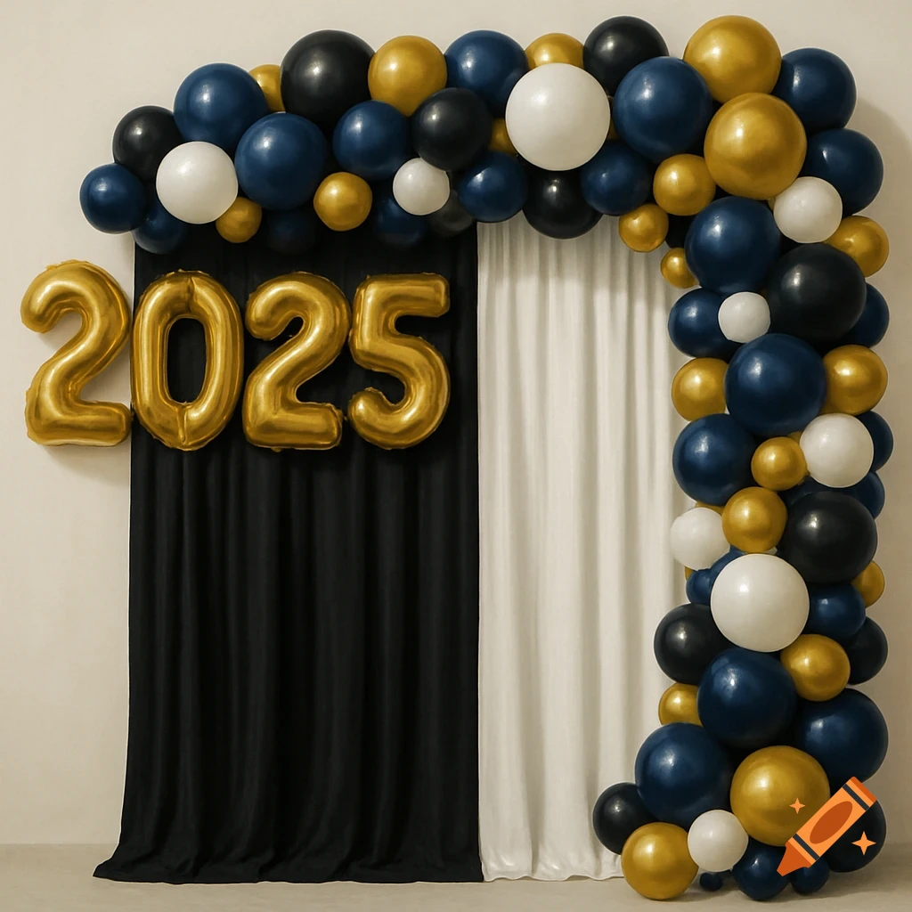 Balloon arch in black, blue, white, and gold with large gold '2025' balloons against a black and white curtain backdrop.