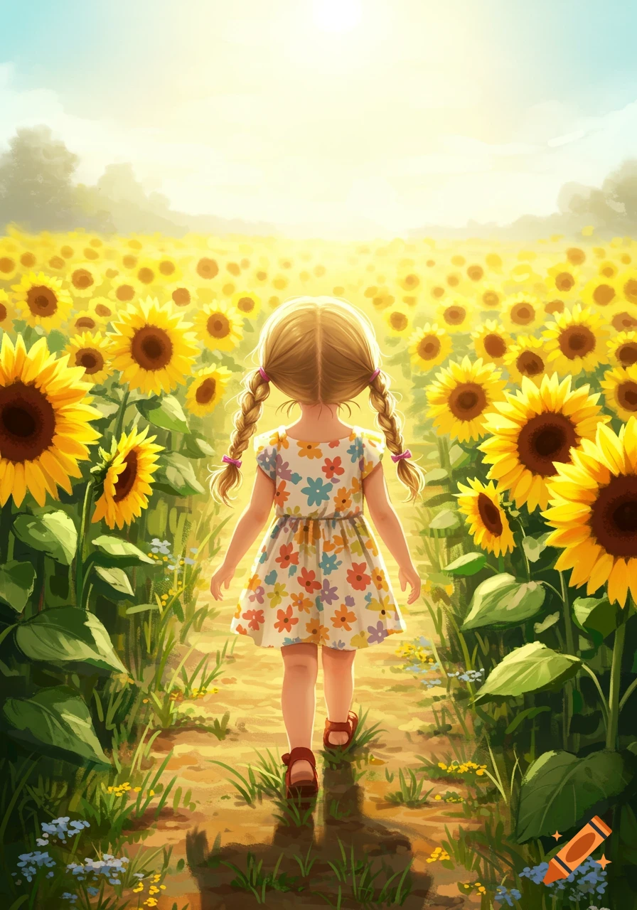 A little girl walks through a field of sunflowers towards the sun.