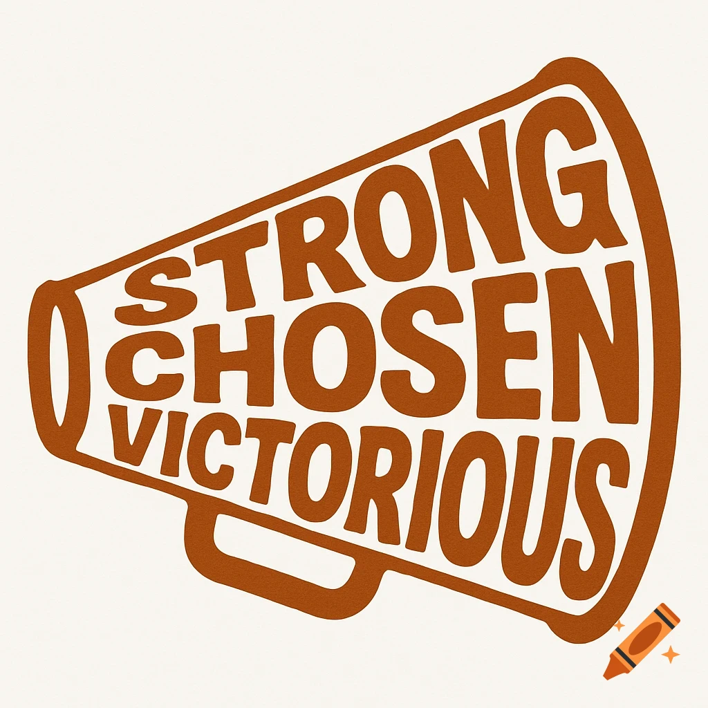 Graphic of a megaphone shape made of the text 'STRONG CHOSEN VICTORIOUS' in orange bold letters.