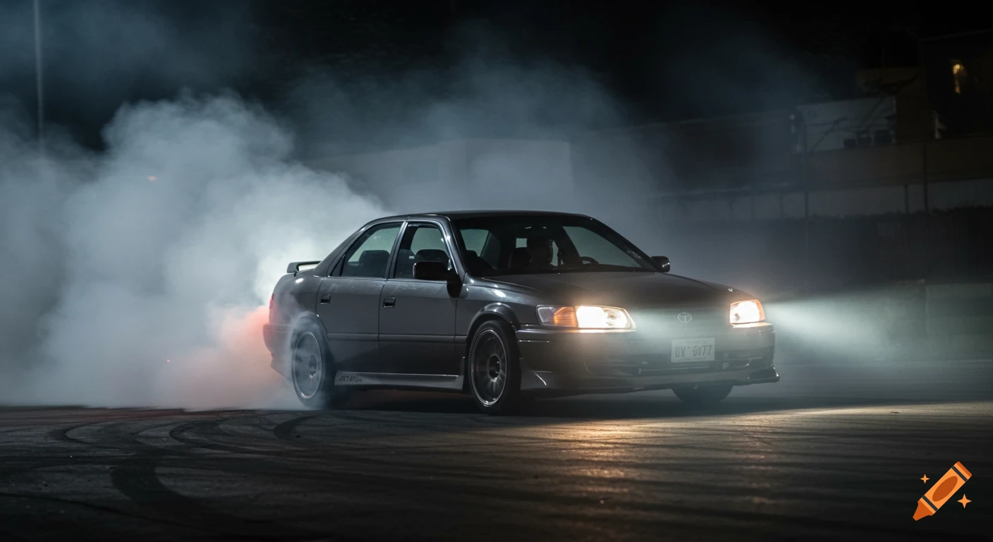 A grey car drifts through smoke on asphalt at night, headlights on.