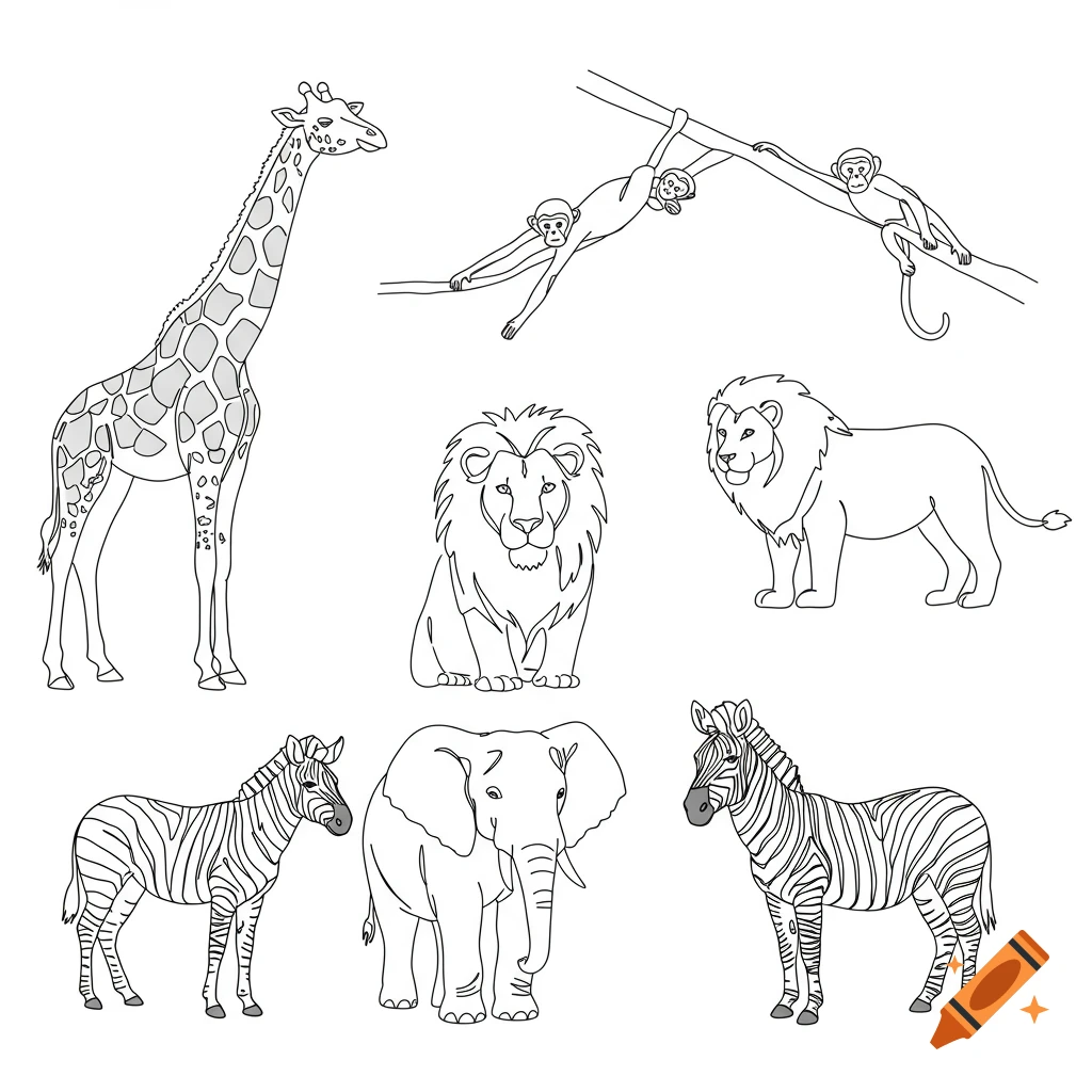 Black line art drawing of a giraffe, monkeys, lions, zebras, and an elephant on a white background.