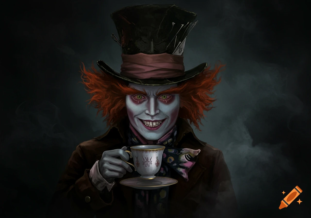 The Mad Hatter with orange hair and a top hat holding a teacup and saucer with a sinister grin.
