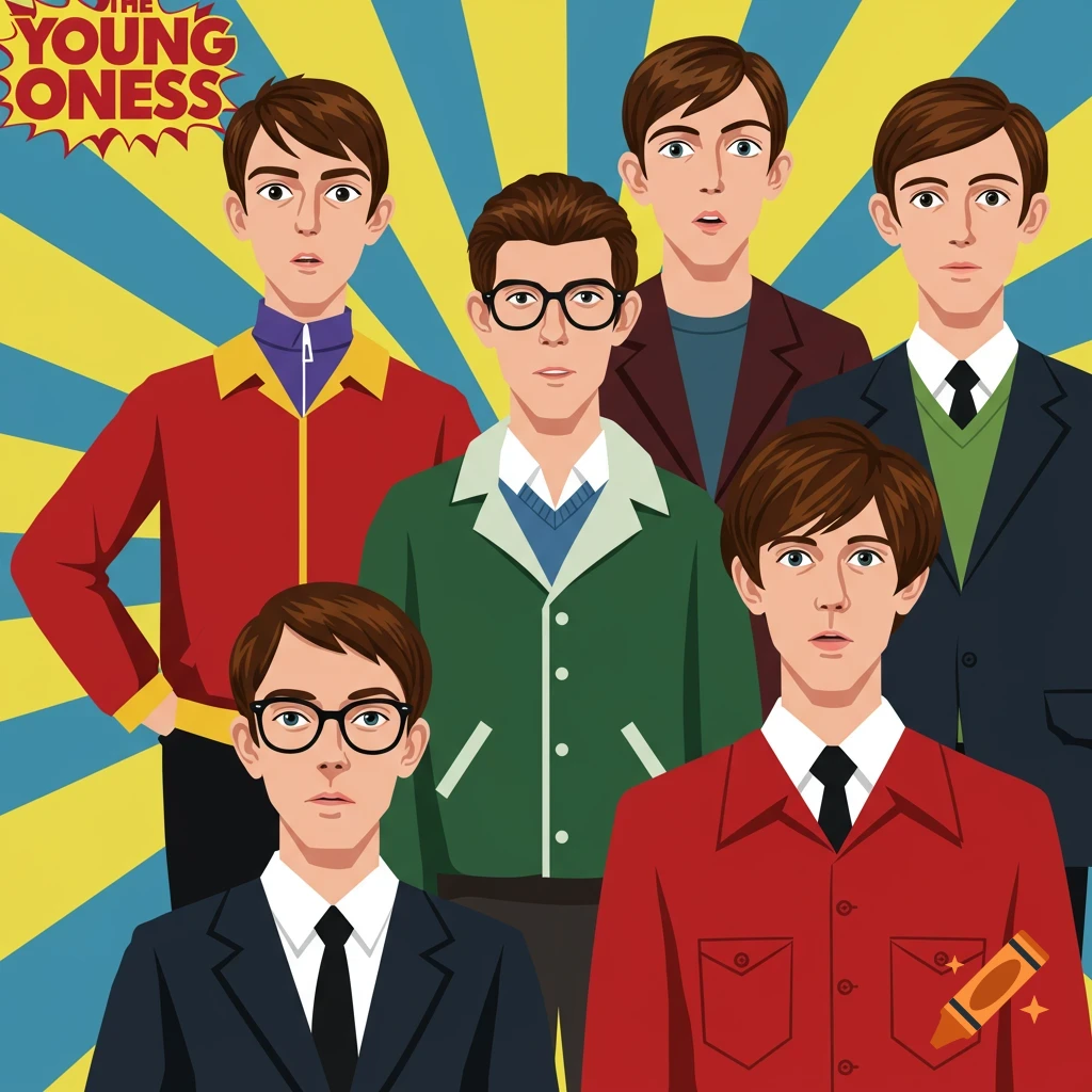 Flat design illustration of six young men, likely characters from The Young Ones TV show, in various suits and shirts against a yellow and blue ray background.