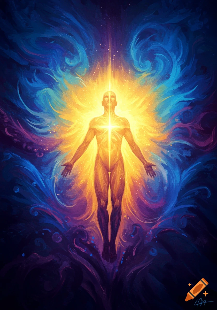 A glowing human figure surrounded by swirling blue, purple, and gold cosmic energy in an artistic style.