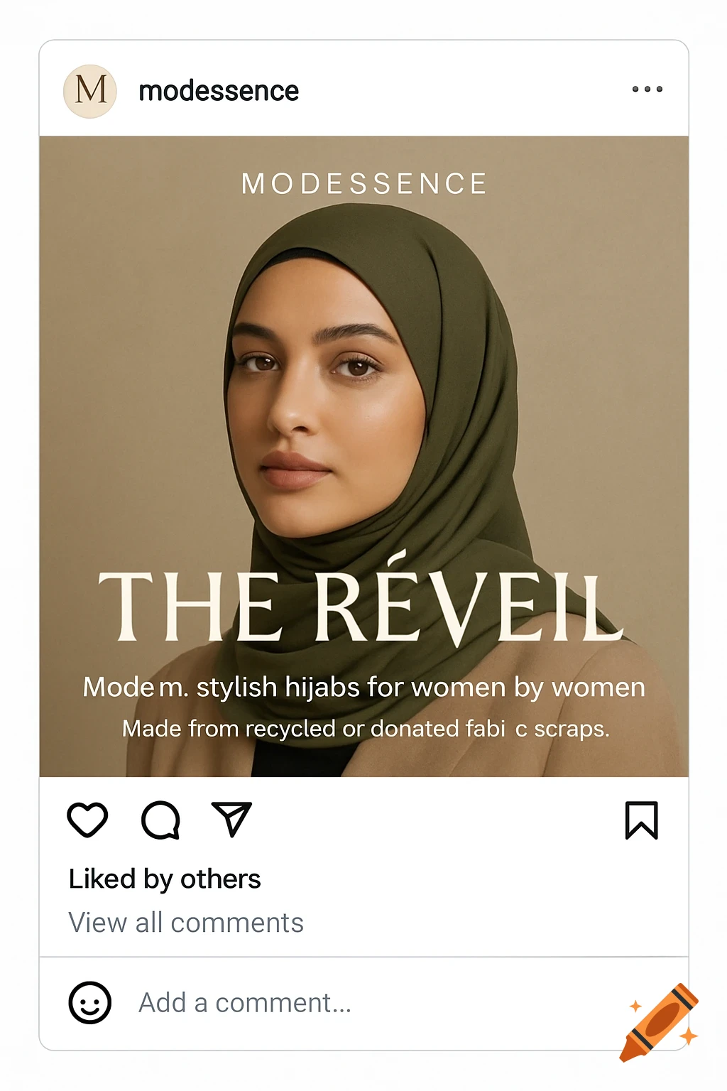 A portrait of a woman wearing a green hijab in an Instagram post advertisement for Modessence.