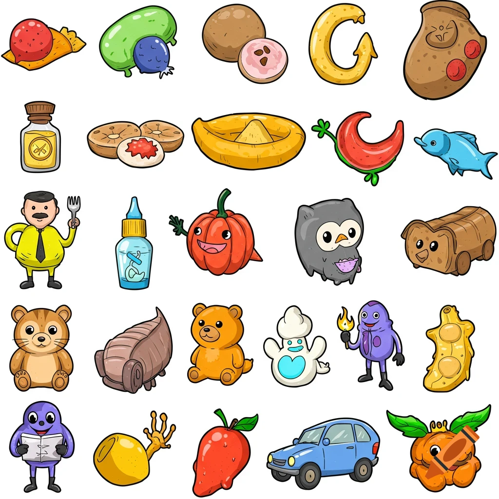 Colorful cartoon illustrations of various objects and characters on a white background.