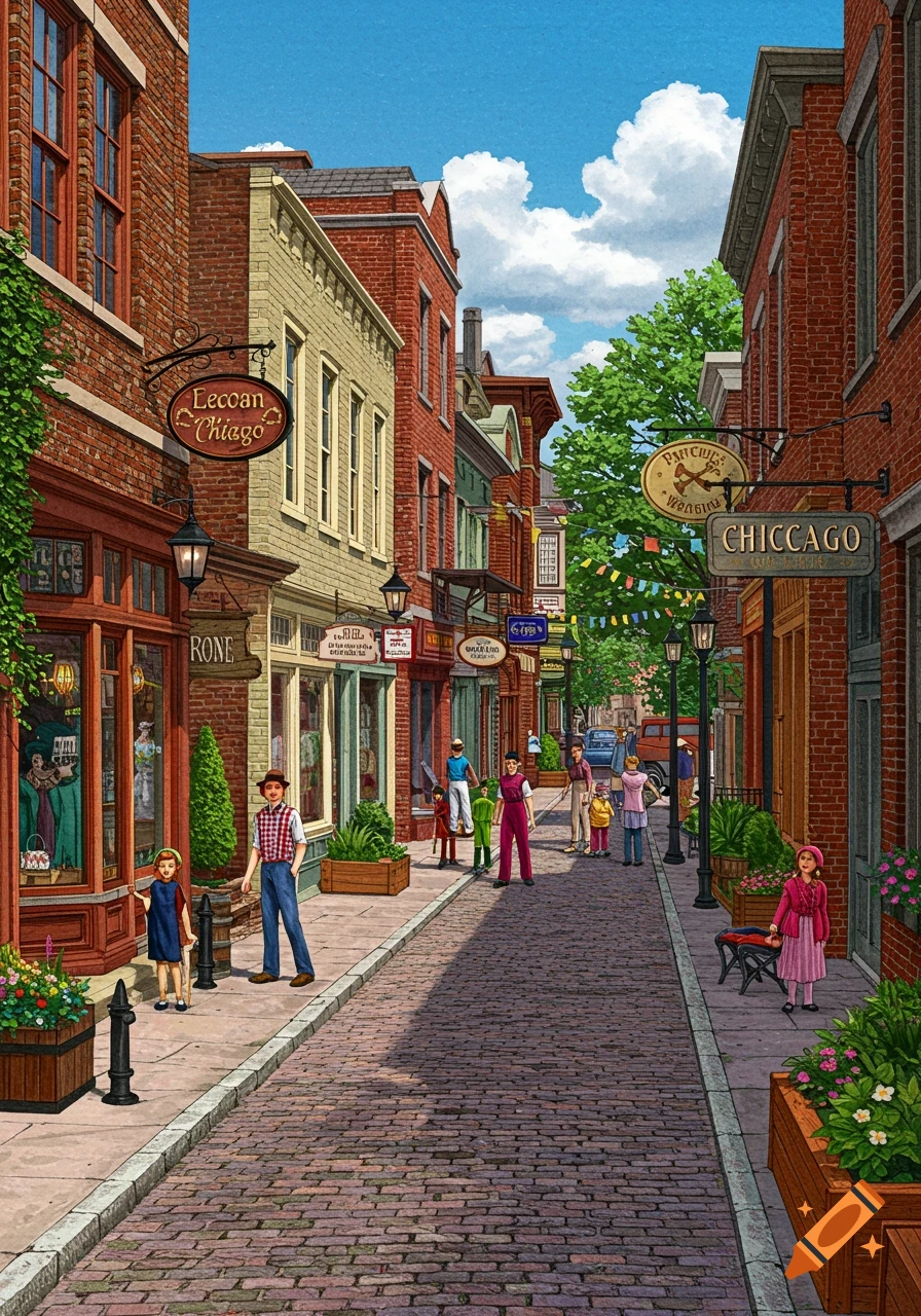 Illustration of a village street scene with people walking past shops on a cobblestone road under a blue sky.