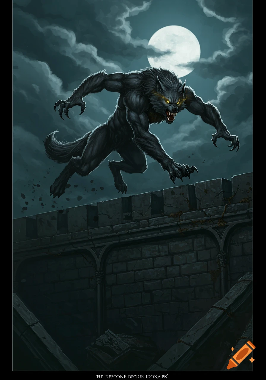 Dark fantasy illustration of a werewolf bounding over a stone wall at night under a full moon.