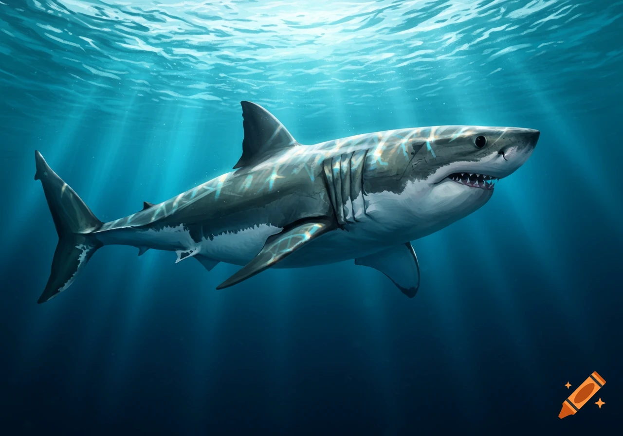 An illustration of a large shark swimming underwater with light rays filtering from above.