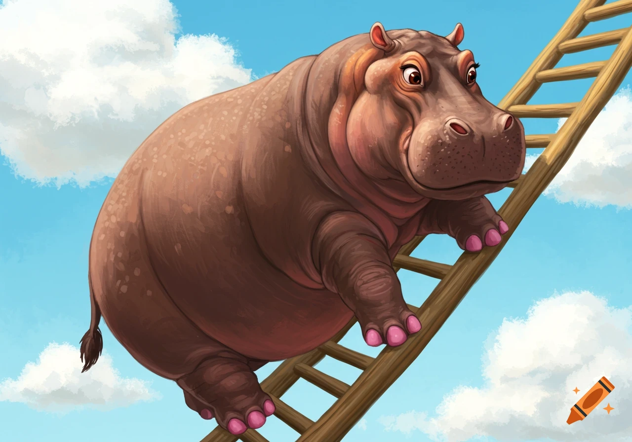 A cartoon hippo climbs a wooden ladder towards the blue sky.