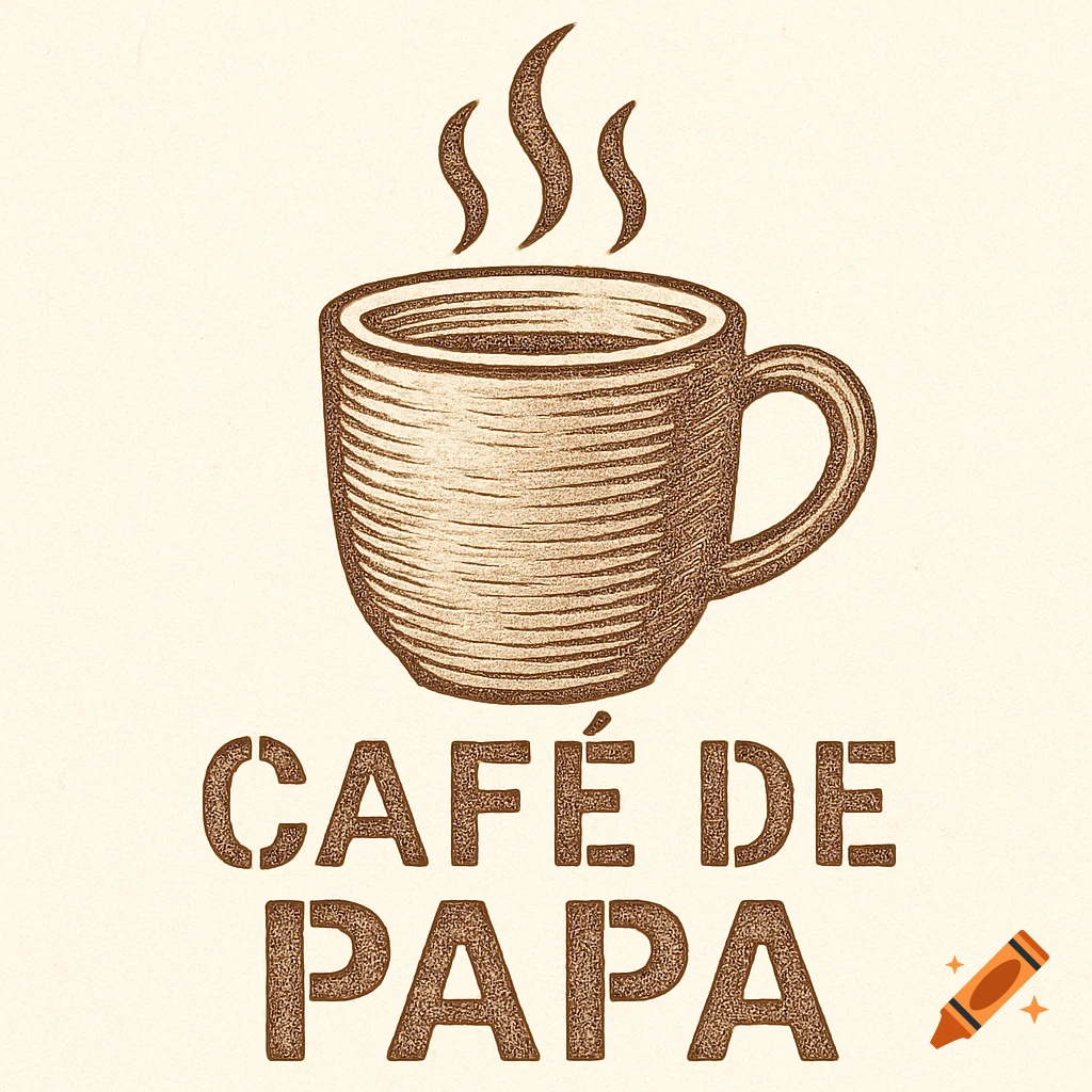 Laser etch style logo of a steaming coffee mug with 'CAFÉ DE PAPA' text in stencil.
