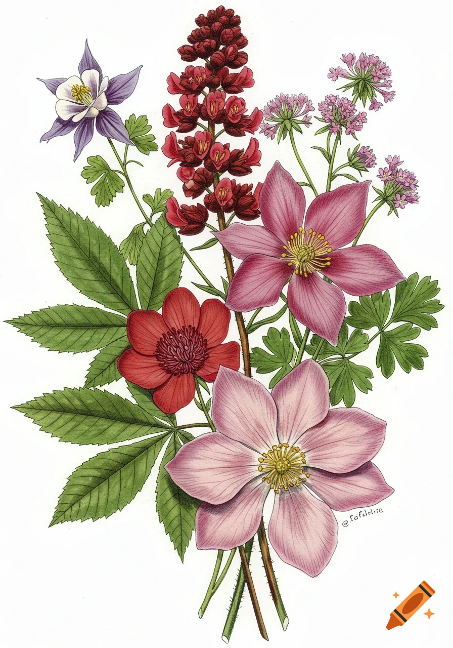 Botanical illustration of a bouquet of colorful wildflowers on a white background.