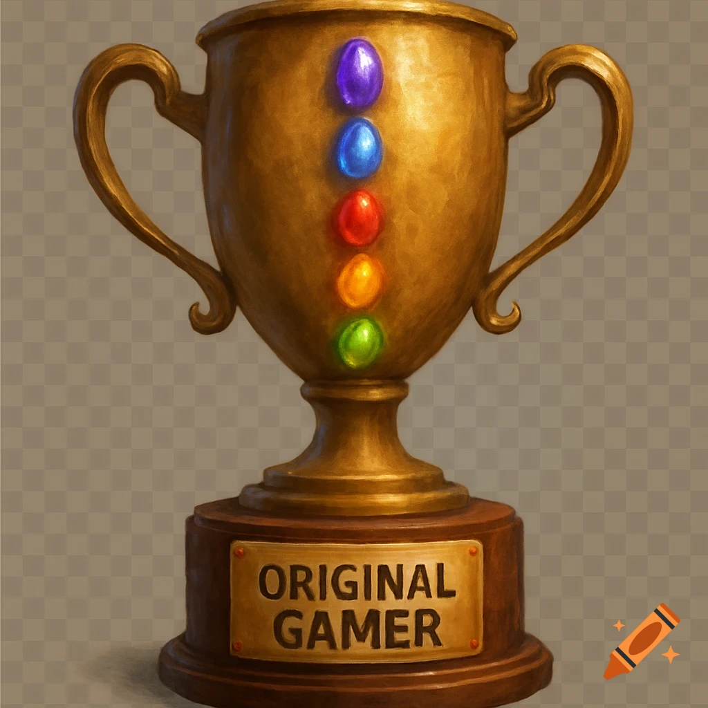 Golden trophy with colorful gems and 'ORIGINAL GAMER' text on the base, transparent background
