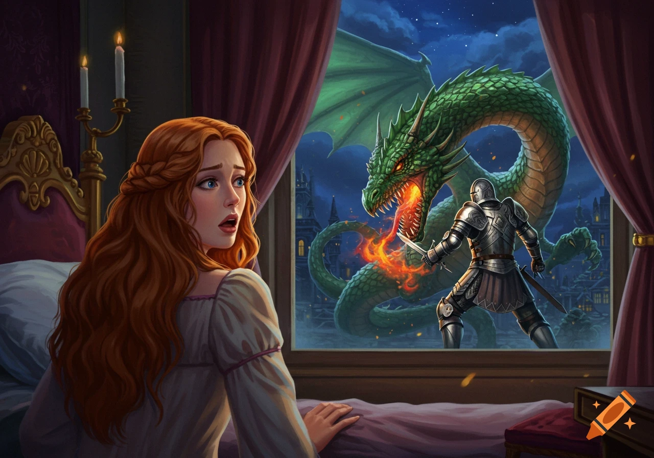 A princess looks shocked as a knight battles a fire-breathing dragon outside her window.