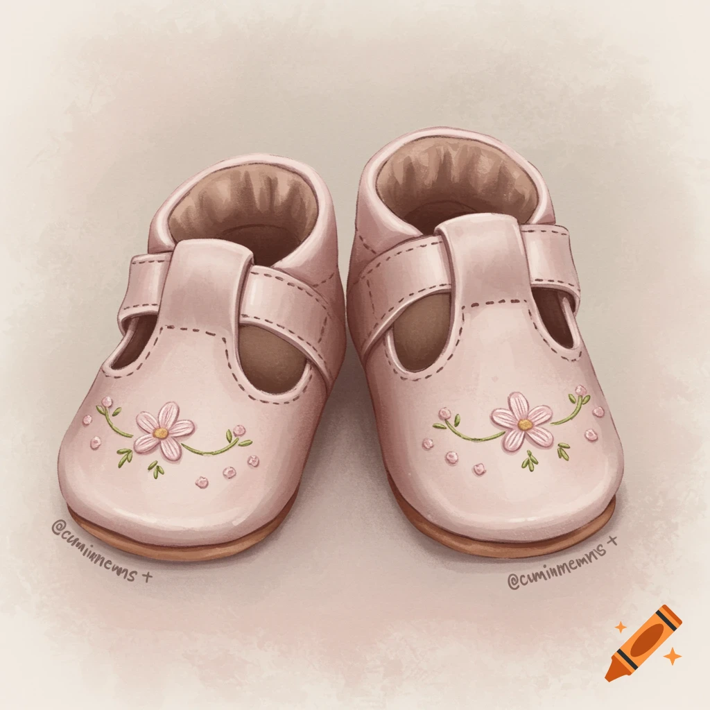 A digital painting of a pair of pink baby shoes with floral embroidery.