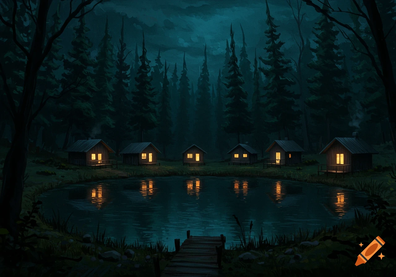 Several cabins with lit windows sit by a pond in a dark forest at night, reflecting in the water. Painted style.
