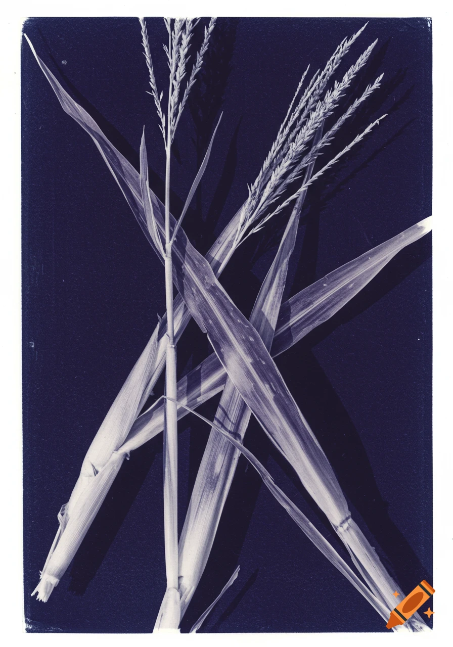 Cornstalks in a deep blue cyanotype photogram style
