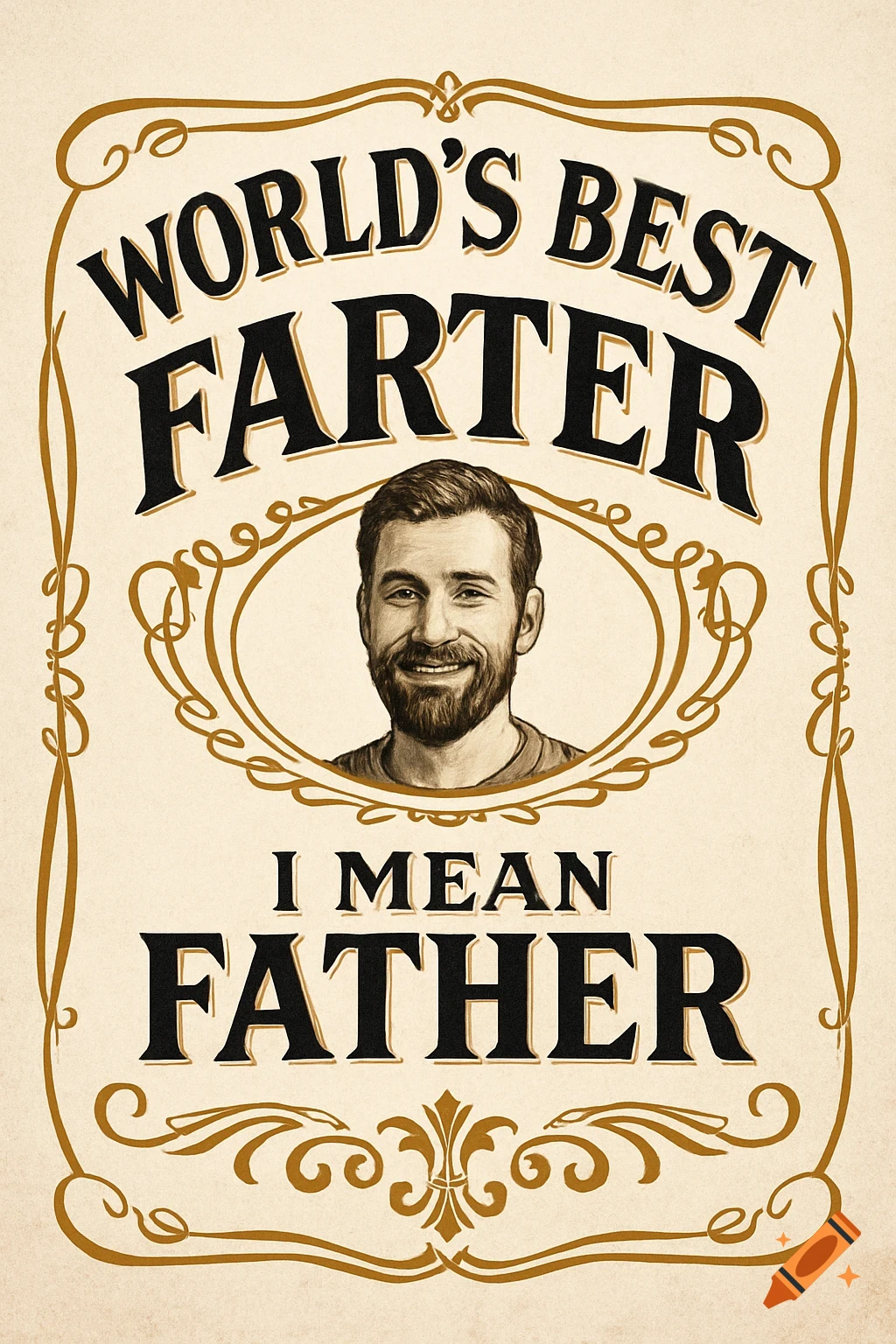 Illustration in vintage style reads 'World's Best Farter, I mean Father' with a portrait of a smiling man.