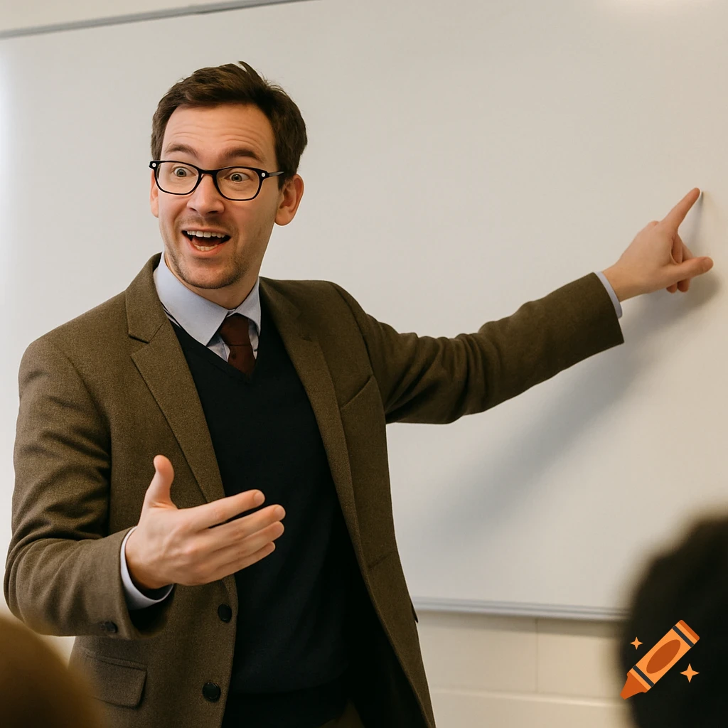 A teacher points at a whiteboard while speaking enthusiastically to a class.