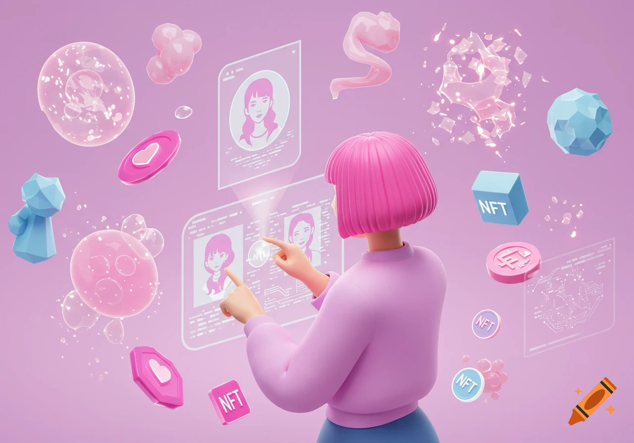 Stylized 3D illustration of a person interacting with digital avatar screens and floating NFTs.