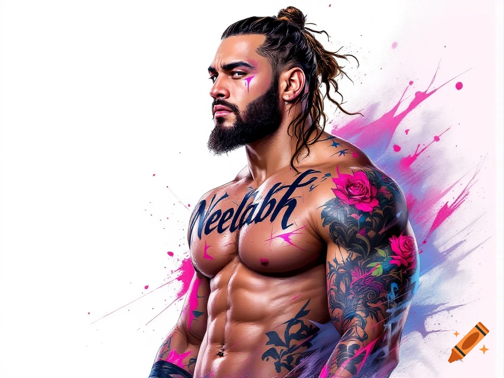Muscular man with tattoos and bun hairstyle against paint splatter background