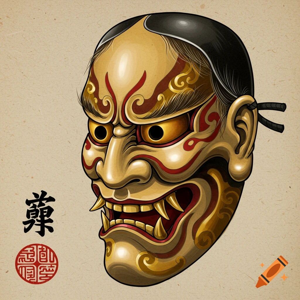 Stylized illustration of a Japanese Kabuki mask with characters and seal on a textured background.