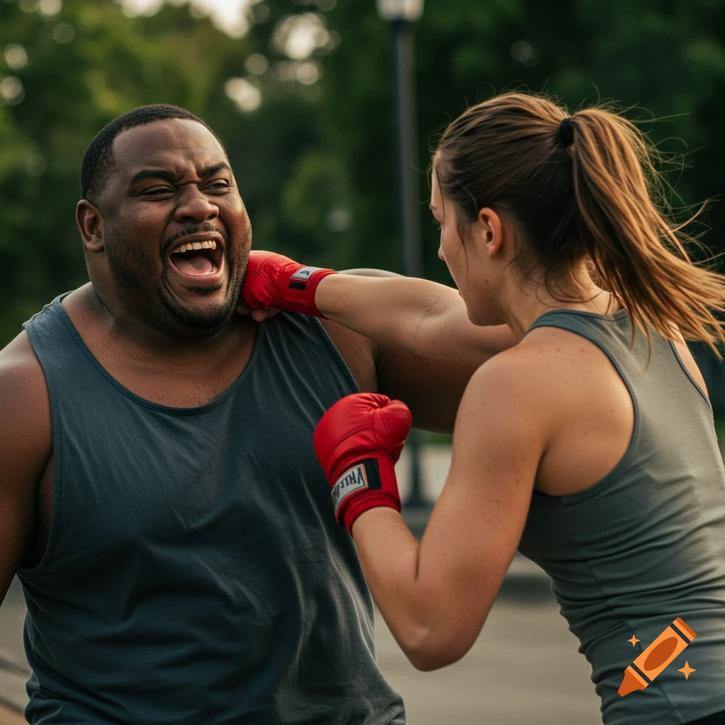 A woman in boxing gloves punches a man in the face during outdoor training