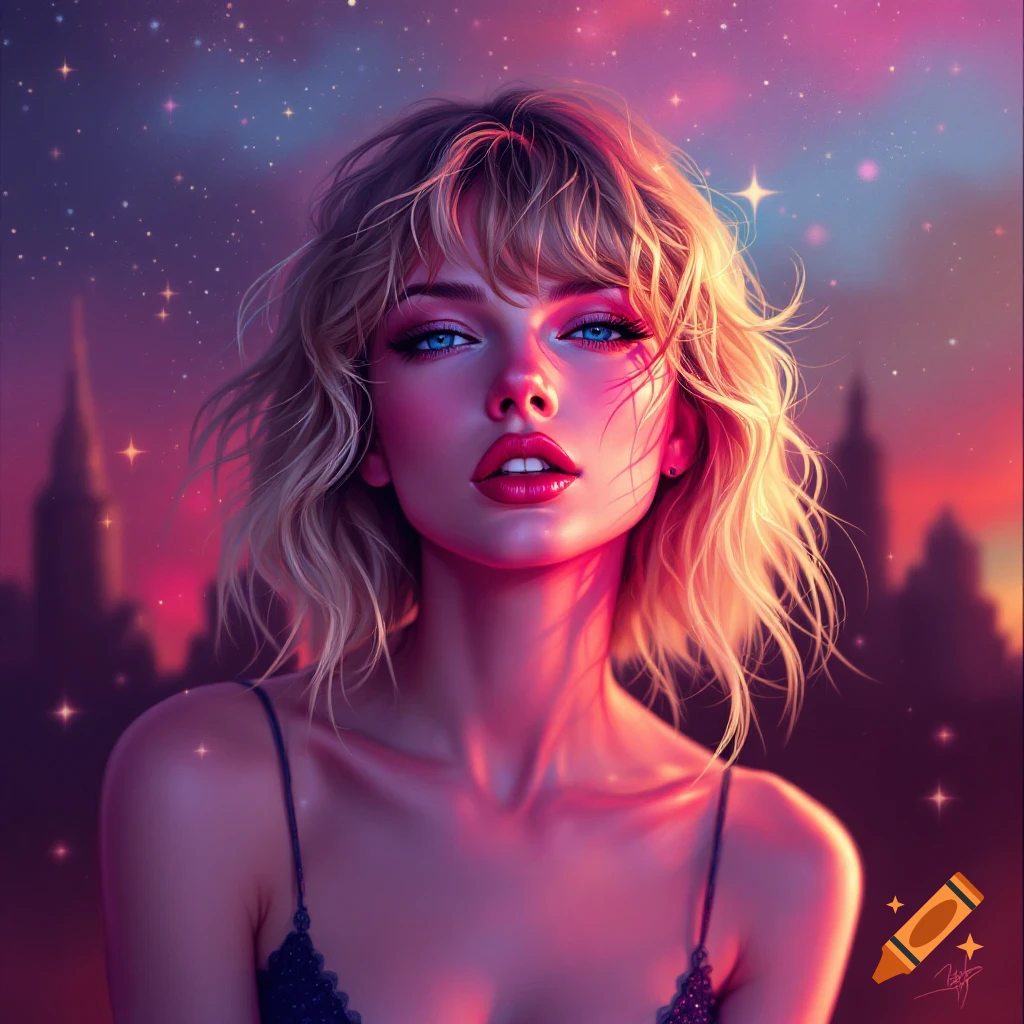 A vibrant digital art portrait of a woman with blonde hair and blue eyes, against a starry night sky.