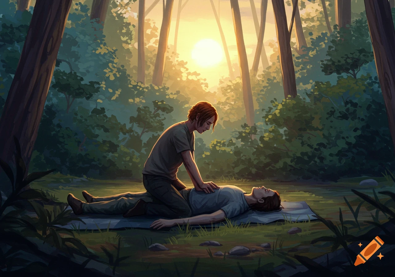 A person performs CPR on another person lying on the ground in a forest setting at sunset.