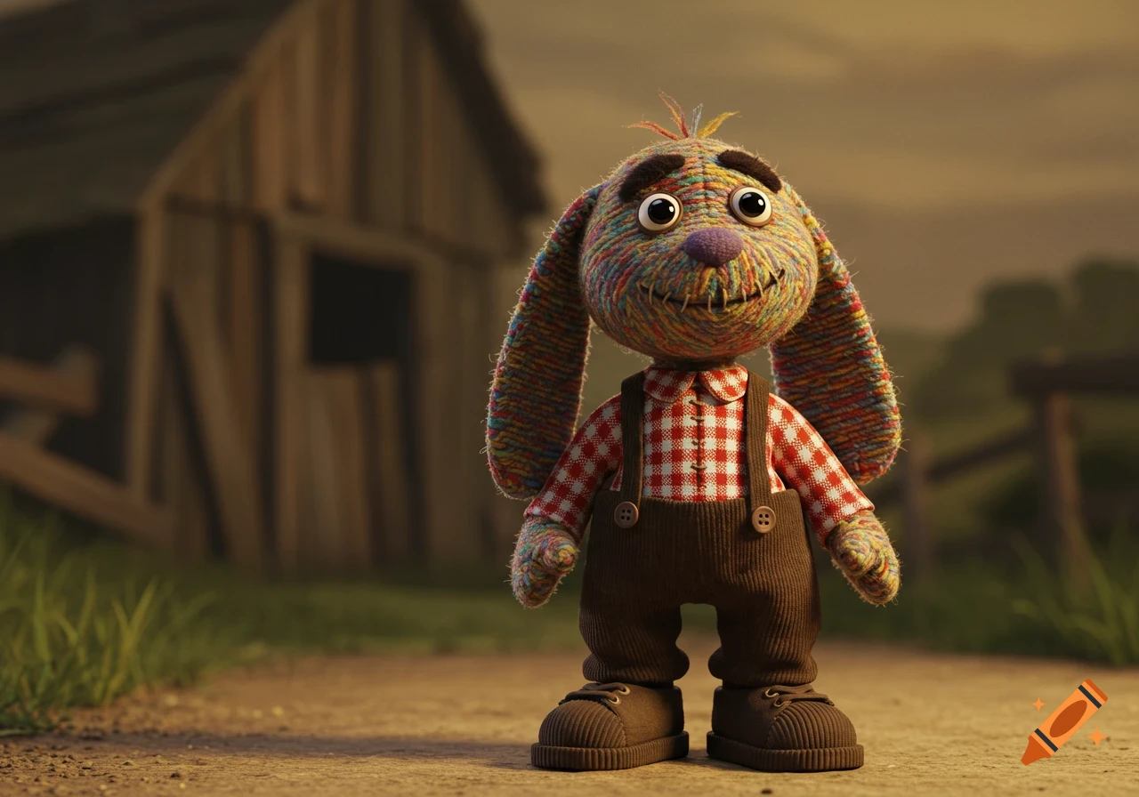 A colorful yarn bunny puppet wearing a checked shirt and overalls stands near a barn.