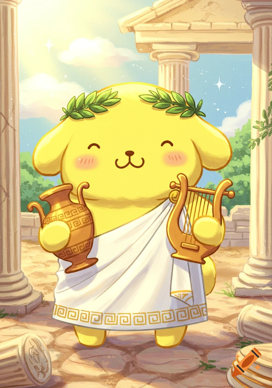 A cute yellow cartoon character, like Pompompurin, wears a white toga and laurel wreath, holding a lyre and vase in ancient Greek ruins.