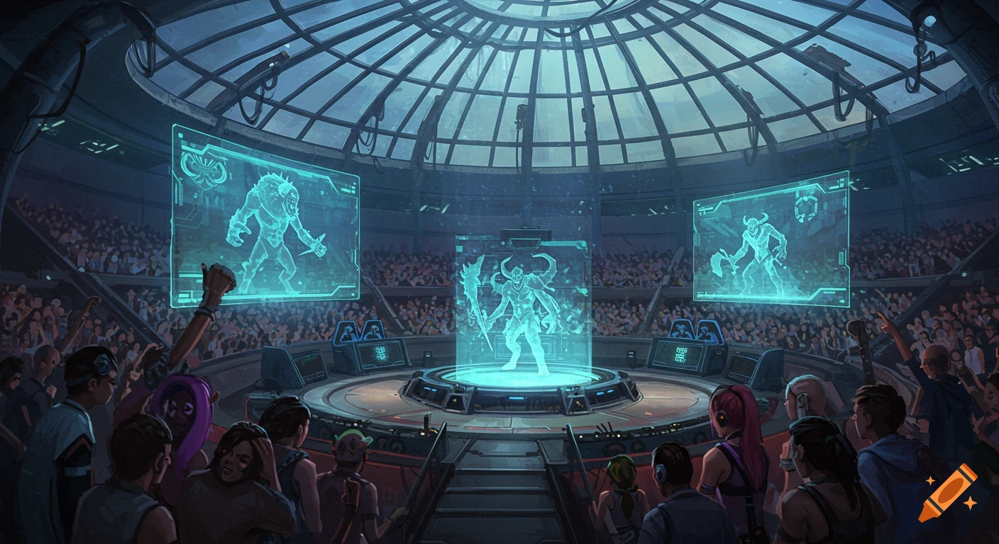 Crowd watches holographic monsters projected in a futuristic gaming arena.