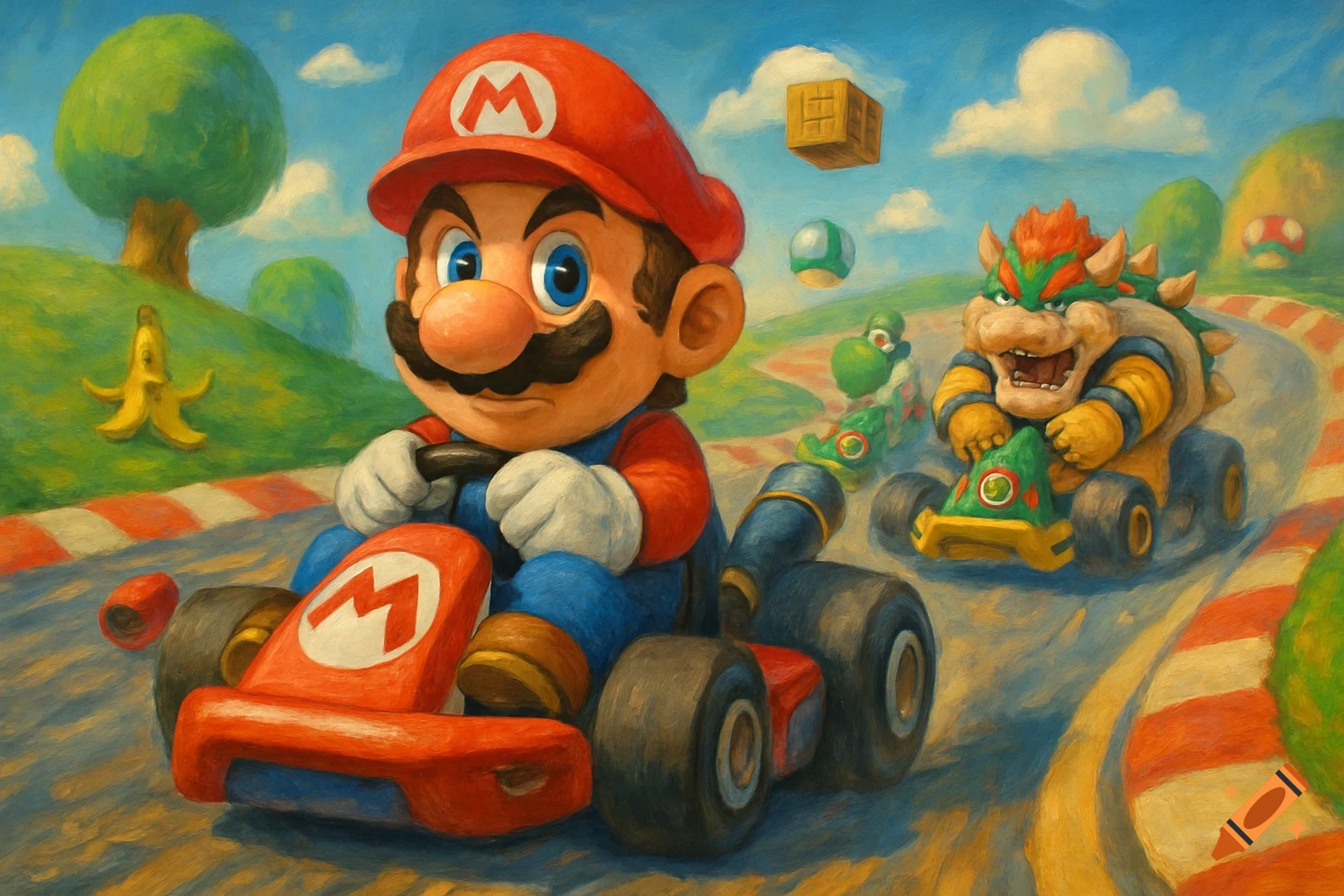 Mario, Bowser, and Yoshi race in karts on a track, in a painterly style.