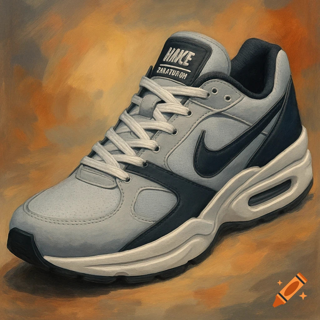 Close-up of a grey and dark blue sneaker with white laces, painted style.