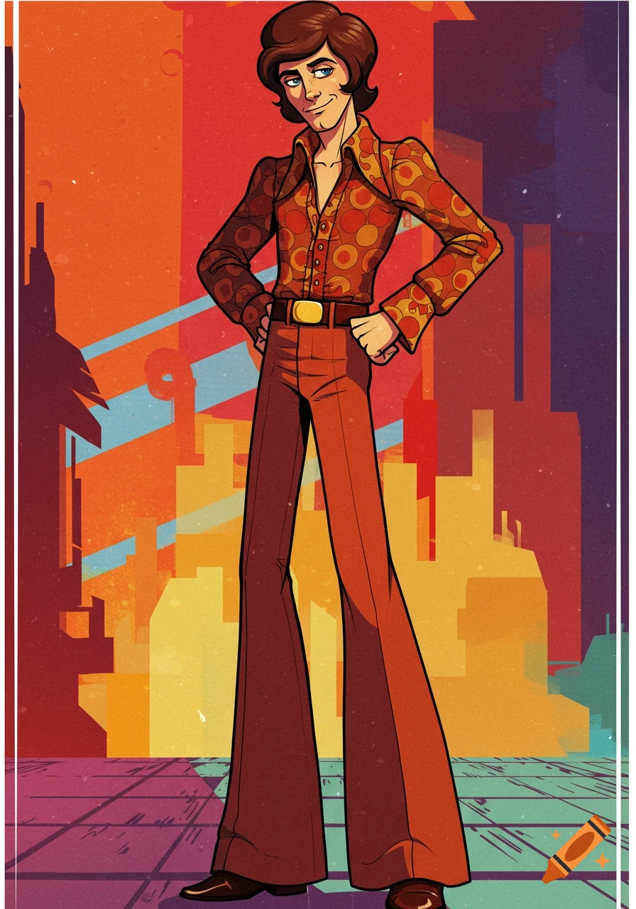 Illustration of a tall man in a 1970s disco outfit against a colorful, stylized city background.