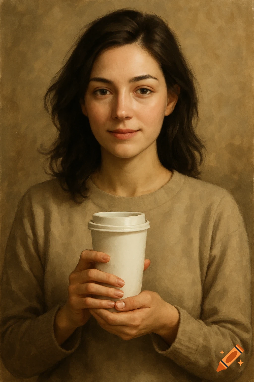 A woman holds a white coffee cup in a realistic style portrait.